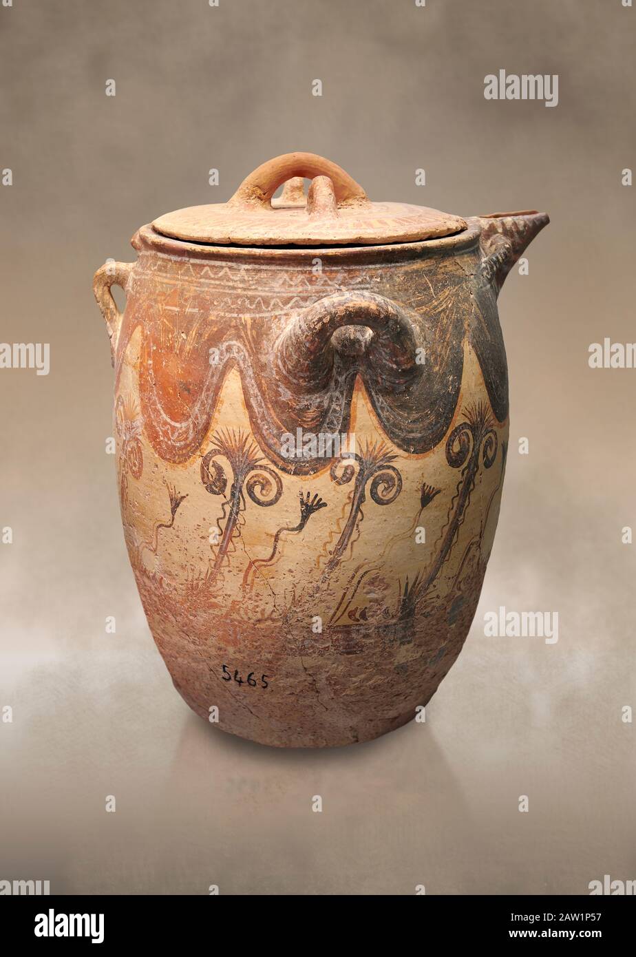 Minoan small bridge spouted jars decorated with lilies, Machlos 1500-1400 BC; Heraklion Archaeological  Museum. Stock Photo