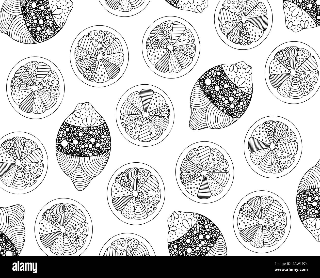 Coloring as vector seamless set of lemons with various patterns. Stock Vector