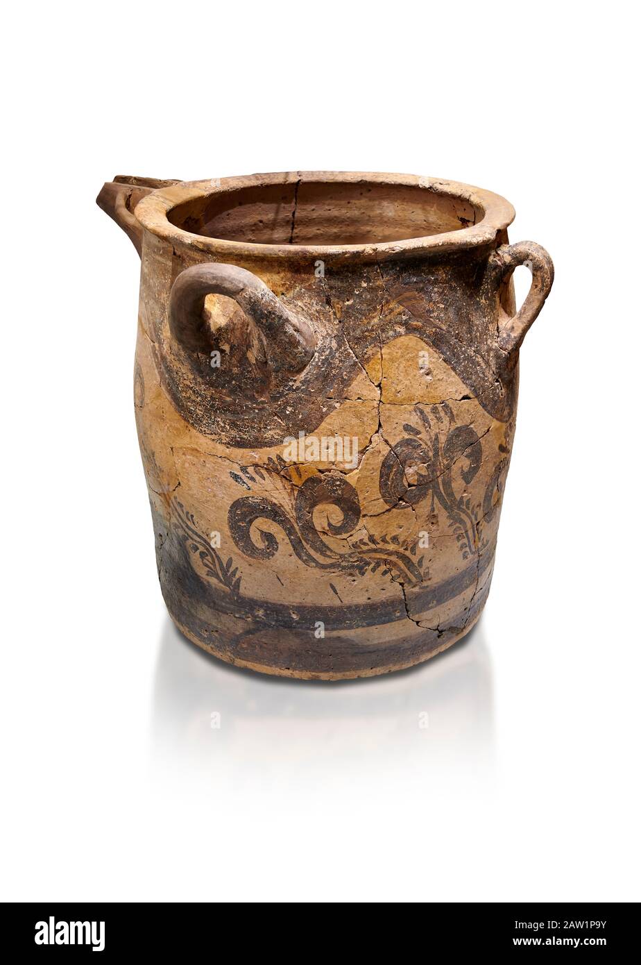 Minoan small bridge spouted jars decorated with lilies, Machlos 1500-1400 BC; Heraklion Archaeological  Museum, white background. Stock Photo