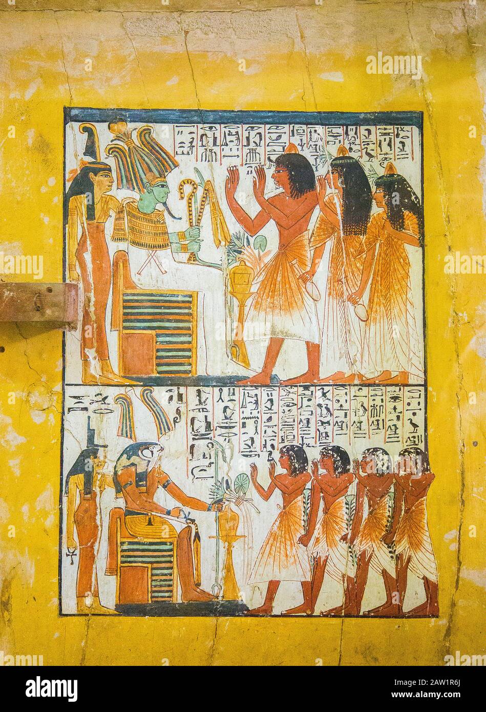 Egypt, Cairo, Egyptian Museum, from the tomb of Sennedjem, Deir el Medina : Door panel (verso), Sennedjem and his family worship gods. 2 registers. Stock Photo