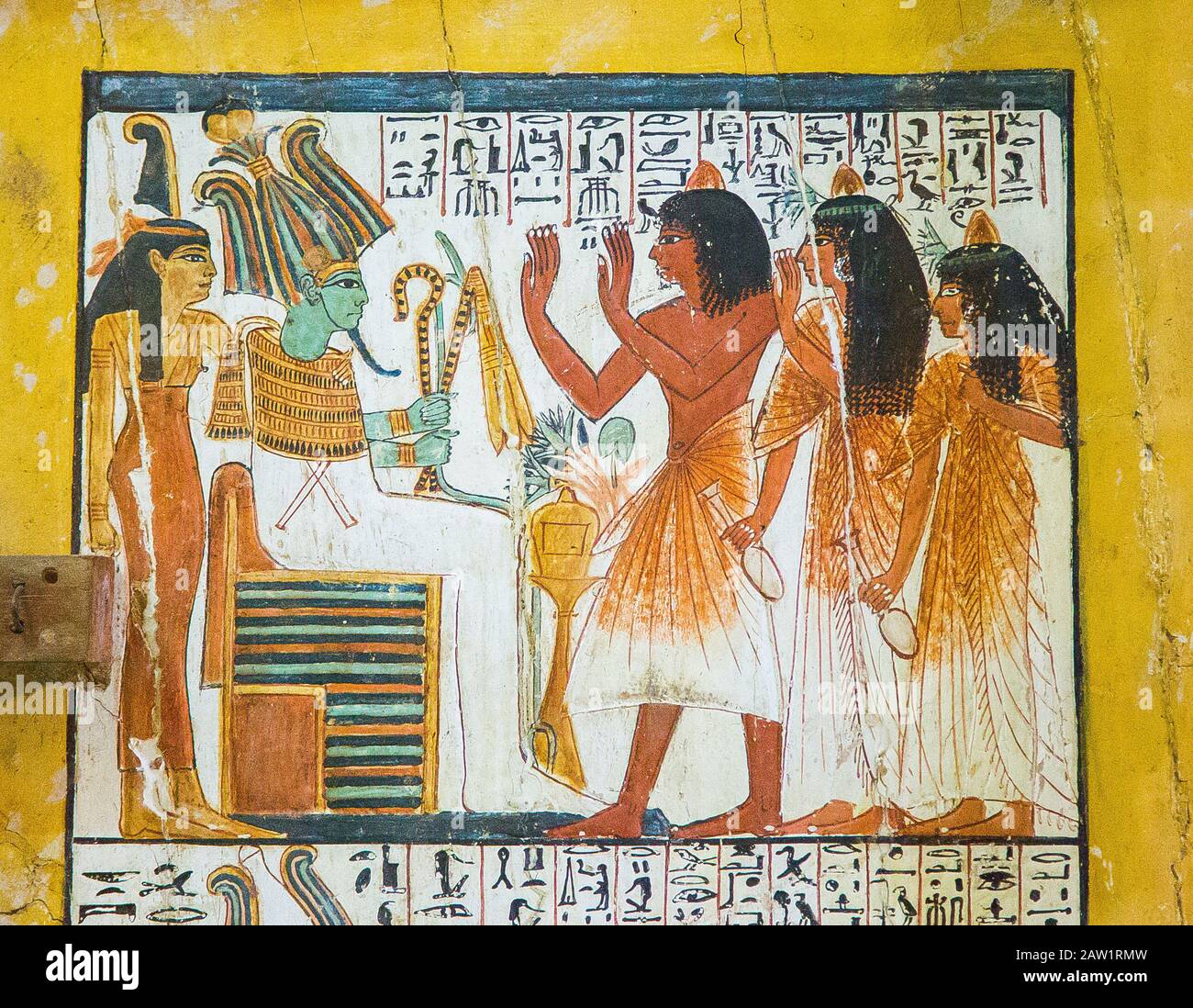 Egypt, Cairo, Egyptian Museum, from the tomb of Sennedjem, Deir el Medina : Door panel (verso), top register, Sennedjem and his family worship gods. Stock Photo