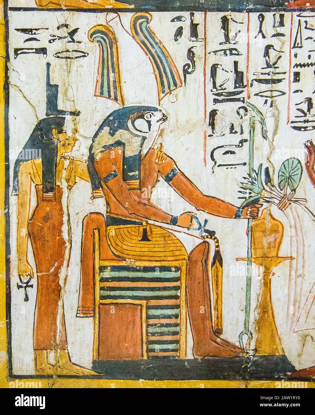 Cairo, Egyptian Museum, from the tomb of Sennedjem, Deir el Medina : Door panel (verso), detail of the bottom register, Ptah-Sokar-Osiris and Isis. Stock Photo