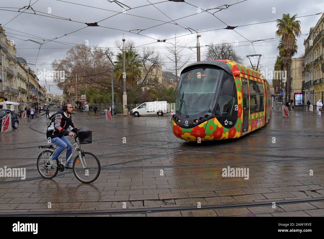 A cyclist crosses in front of a tram in Saint Roch, Montpellier, France - Stock Image