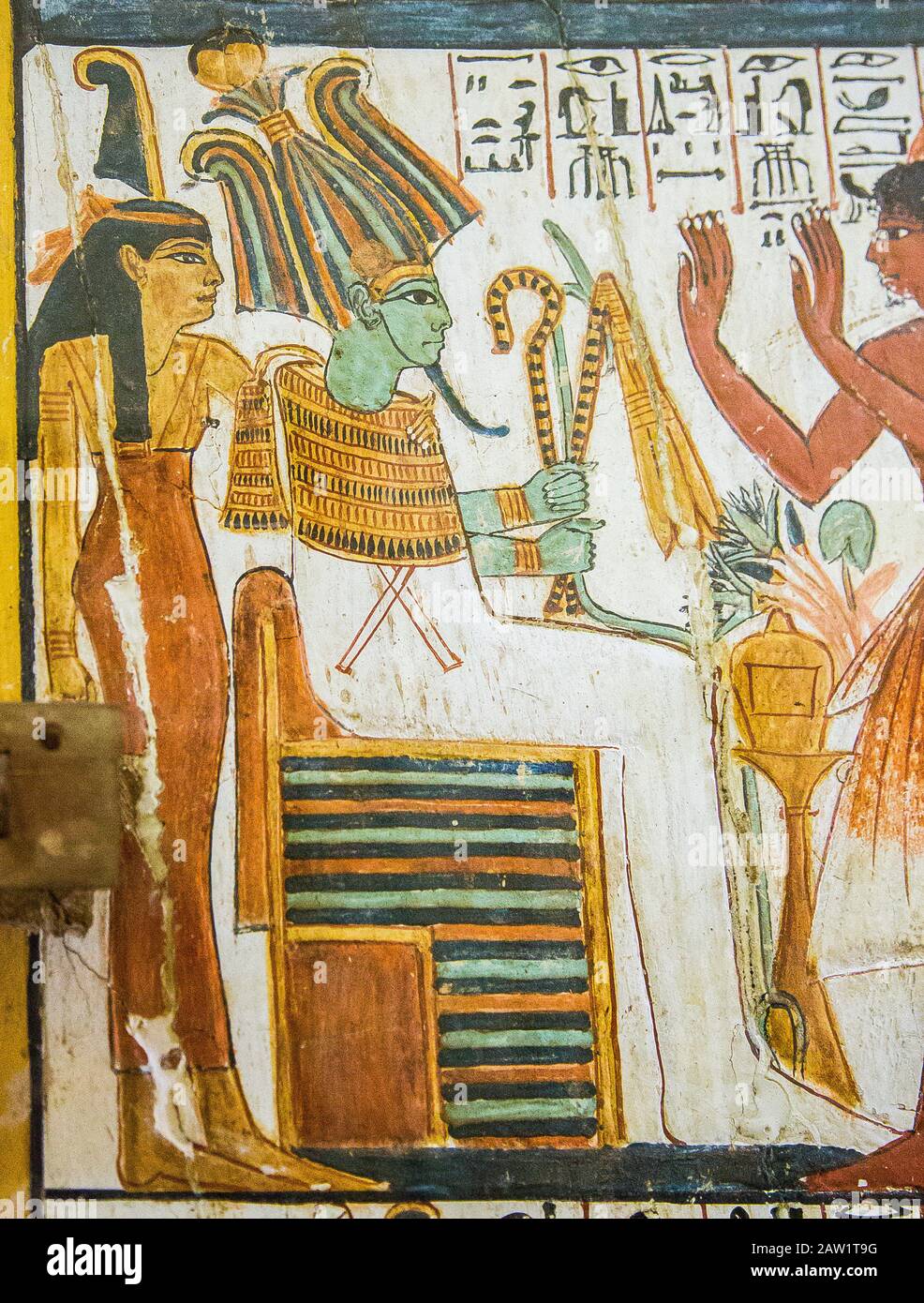 Cairo, Egyptian Museum, from the tomb of Sennedjem, Deir el Medina : Door panel (verso), detail of the top register, the god Osiris-Khentamentiu. Stock Photo