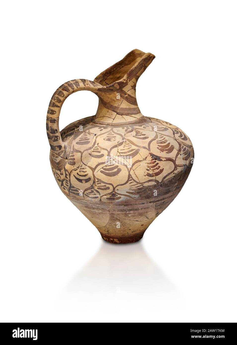 Minoan decorated jug  with stylised floral design , Konssos  'Unexplored Mansion' 1450-1370 BC; 1400-1250 BC; Heraklion Archaeological  Museum, white Stock Photo