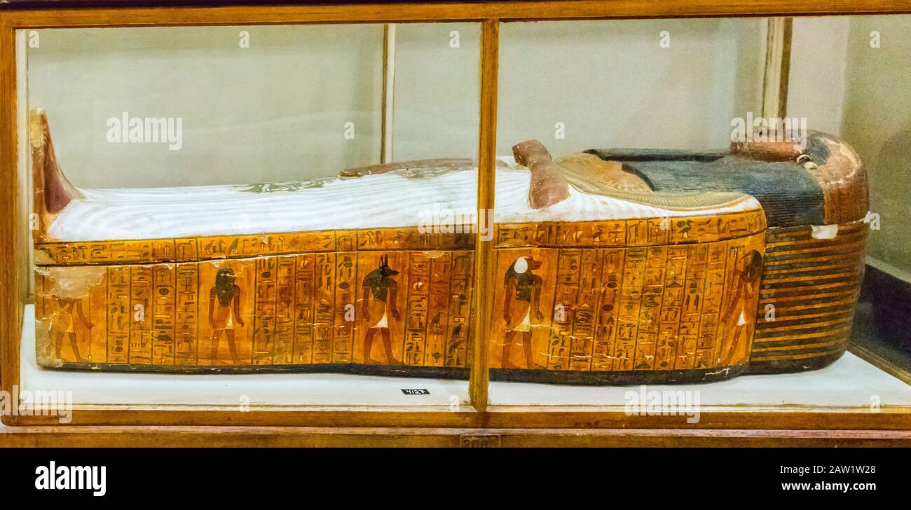 Egypt, Cairo, Egyptian Museum, from the tomb of Sennedjem, Deir el Medina : Mummiform coffin of Isis. She holds a vine plant. Stock Photo