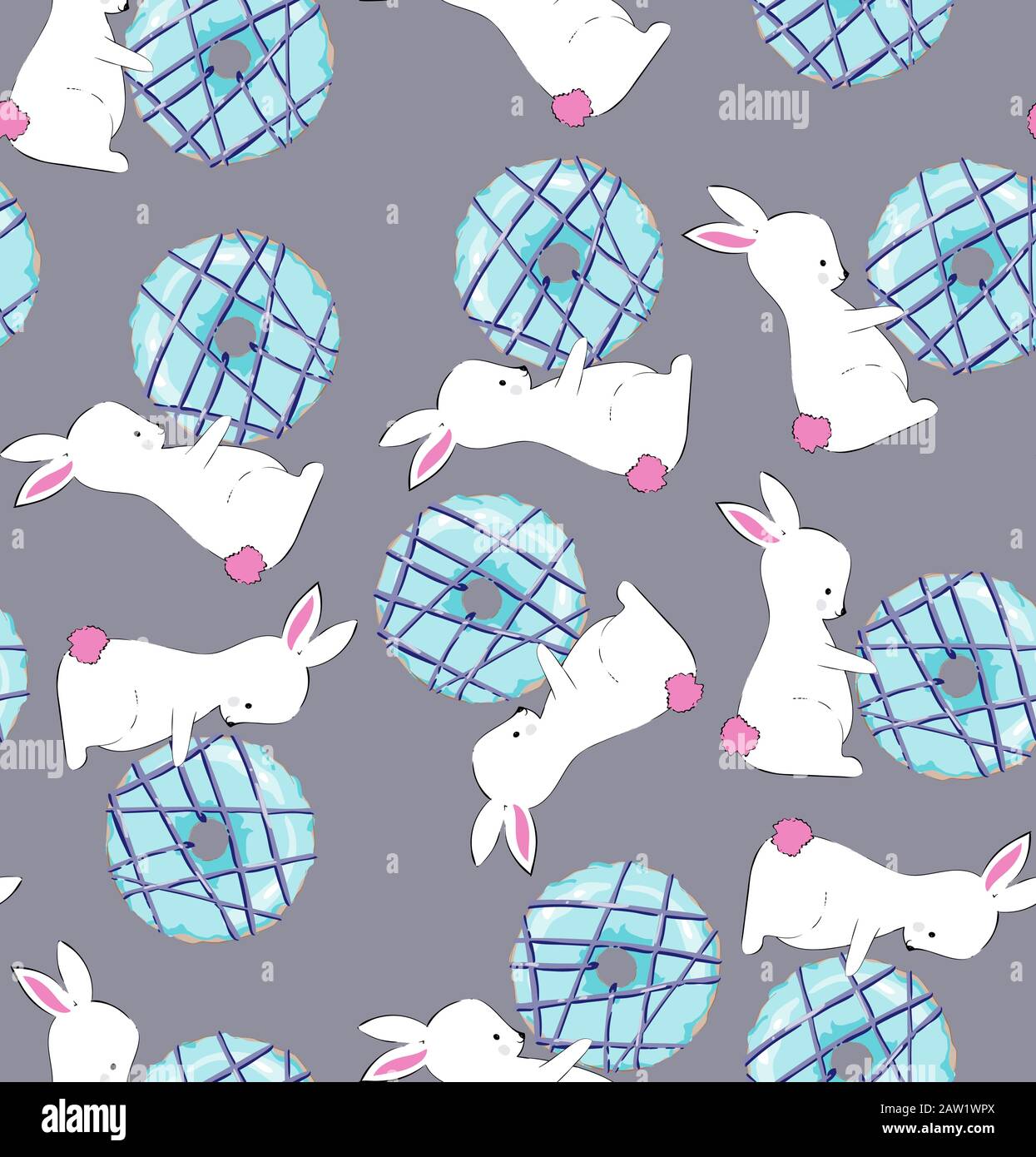 Rabbits and blue donuts. Vector seamless pattern - Textil, postcards, wallpaper Stock Vector