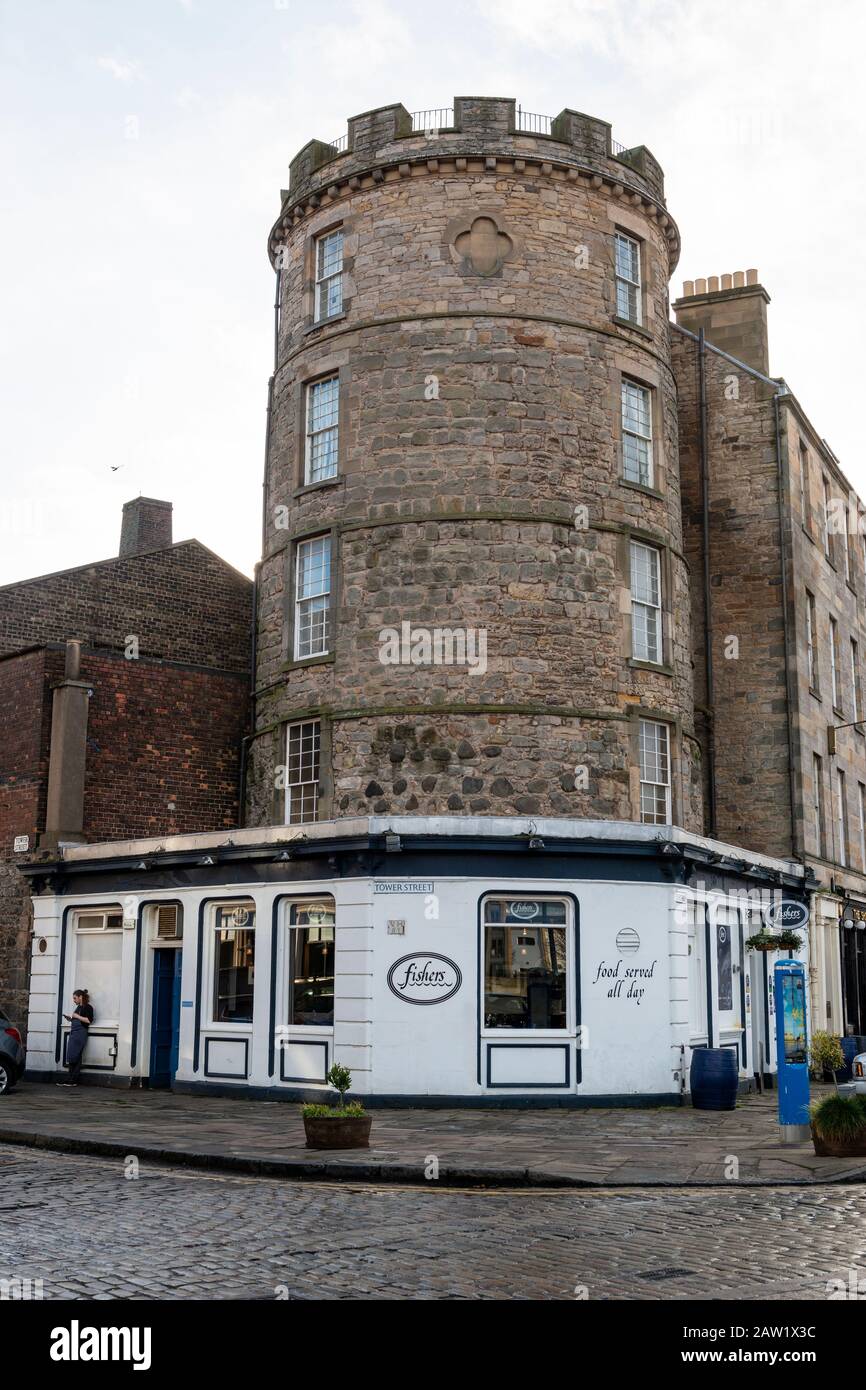 The old signal tower with Fishers seafood restaurant below on The Shore in Leith, Edinburgh, Scotland, United Kingdom Stock Photo