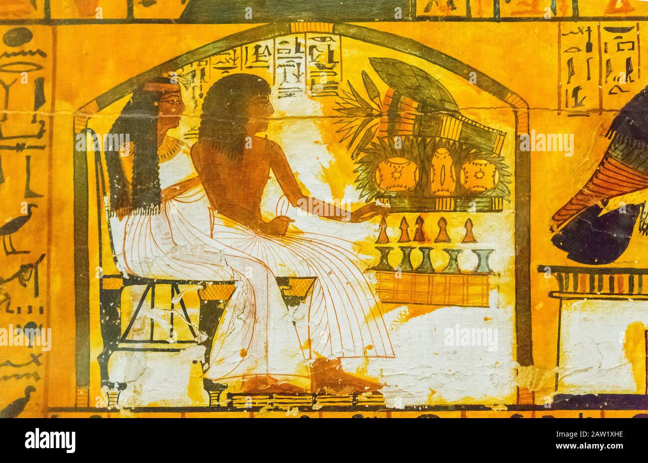 Cairo, Egyptian Museum, tomb of Sennedjem, Deir el Medina : Detail of the sarcophagus of Sennedjem, playing Senet game. Stock Photo
