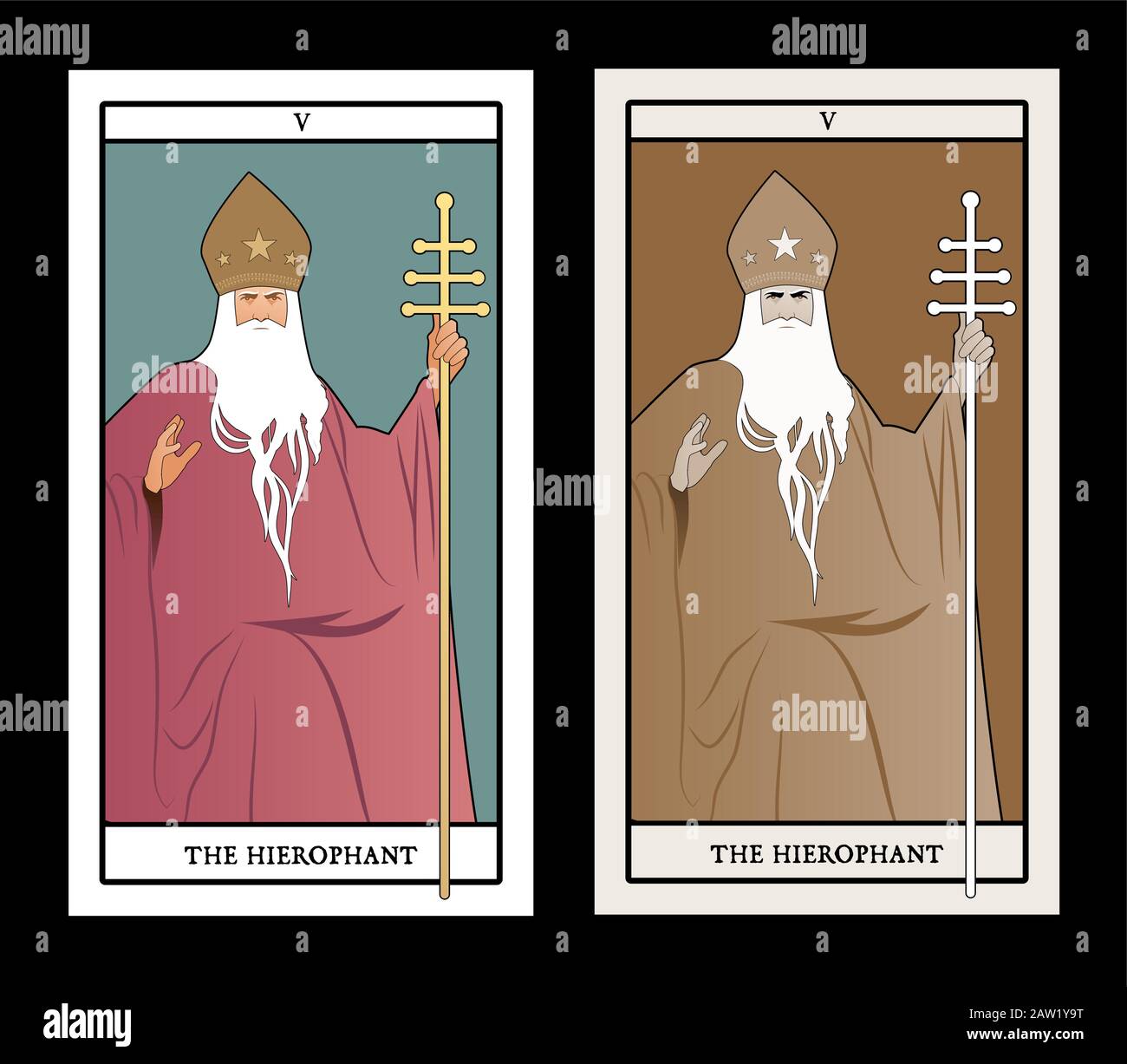 Major Arcana Tarot Cards. The Hierophant. Pope with white beard and miter with stars, holding a golden crosier, blessing with his right hand Stock Vector