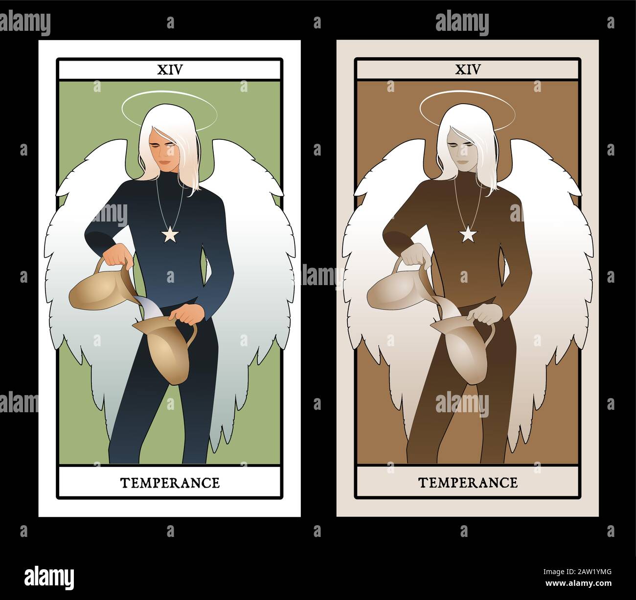 Major Arcana Tarot Cards. Temperance. Angel with appearance and clothes of young man, great wings, hair fair, pouring water from one jug to another Stock Vector