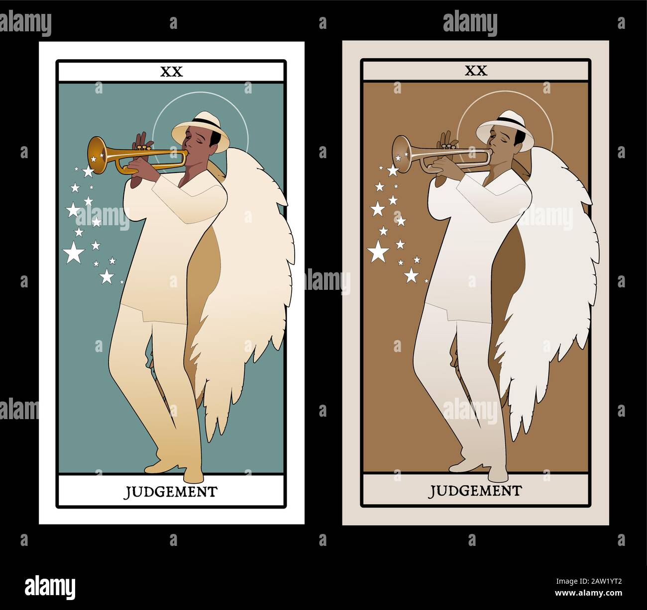 Major Arcana Tarot Cards. Judgement. Archangel with great wings, wearing hat playing the trumpet Stock Vector