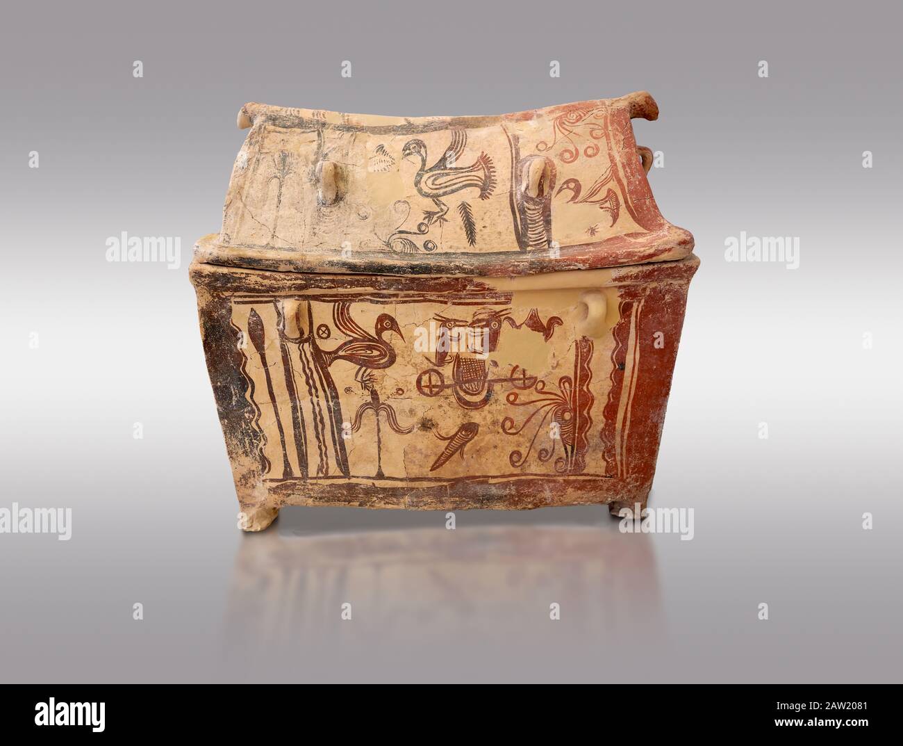 Minoan pottery gabled larnax coffin chest with birds and marine animals