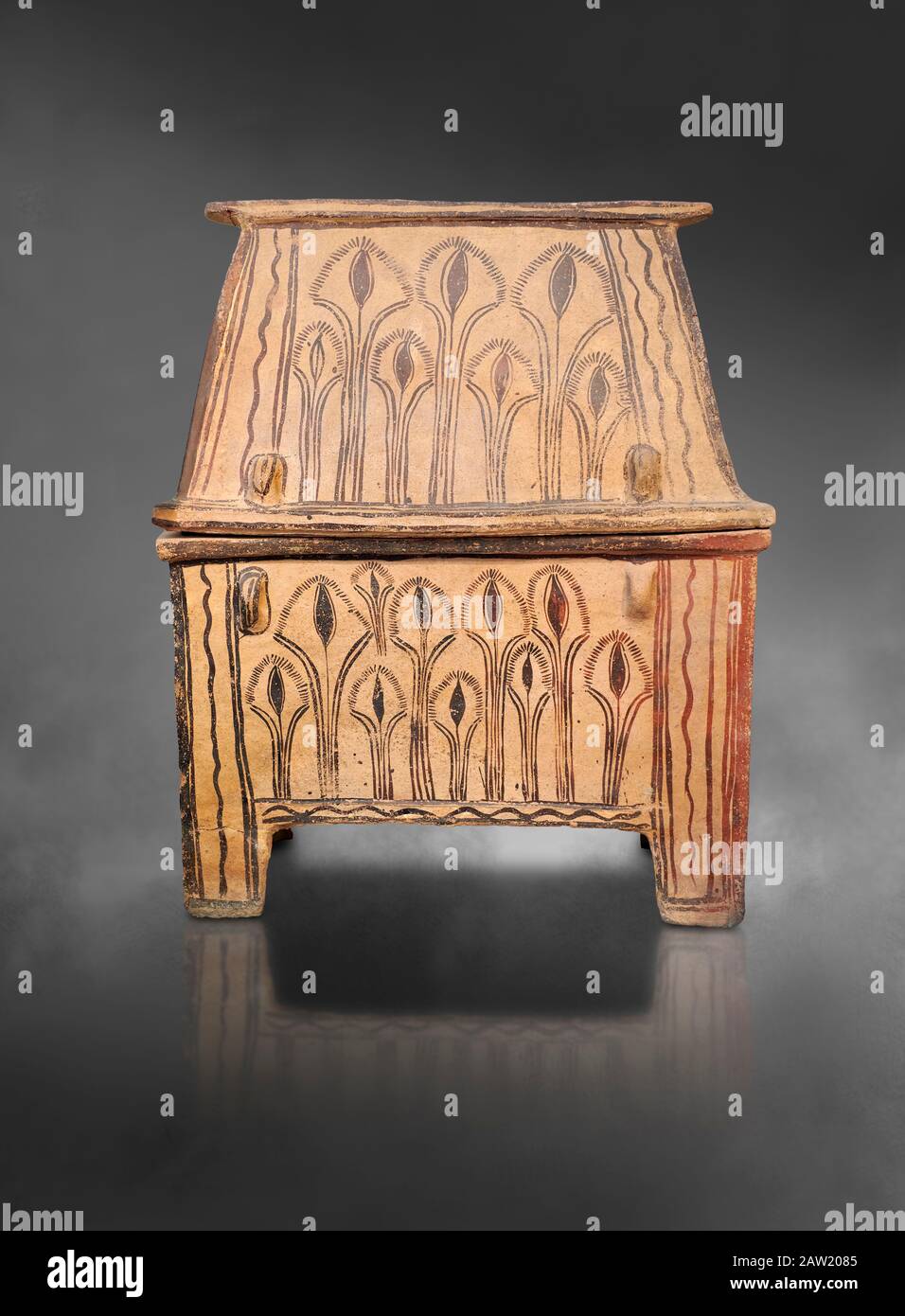 Minoan pottery gabled larnax coffin chest with foliage decorations