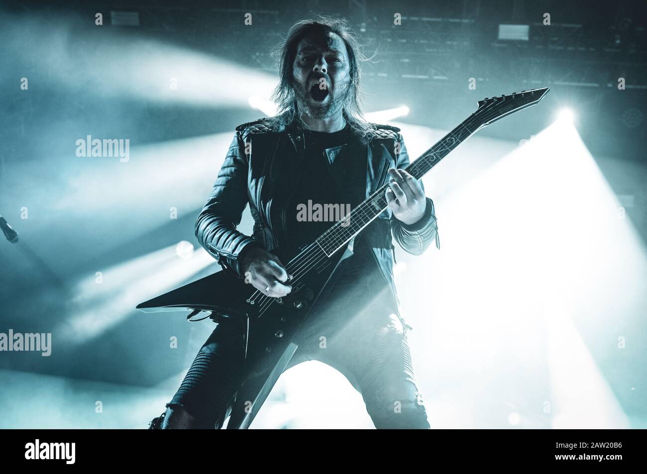 Copenhagen, Denmark. 21st, 2018. Bullet for My Valentine, the Welsh heavy metal band, performs a live concert during the Danish heavy metal festival Copenhell 2018 in Copenhagen. Here guitarist Michael Paget is seen live on stage. (Photo credit: Gonzales Photo - Nikolaj Bransholm). Stock Photo