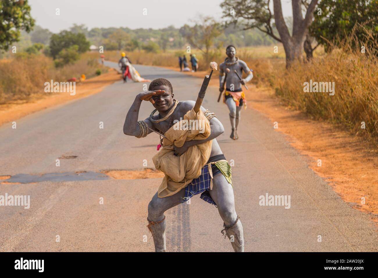 Bissau, Republic of Guinea-Bissau - January 11, 2020: Portrait of a man warrior with traditionally painted face Stock Photo