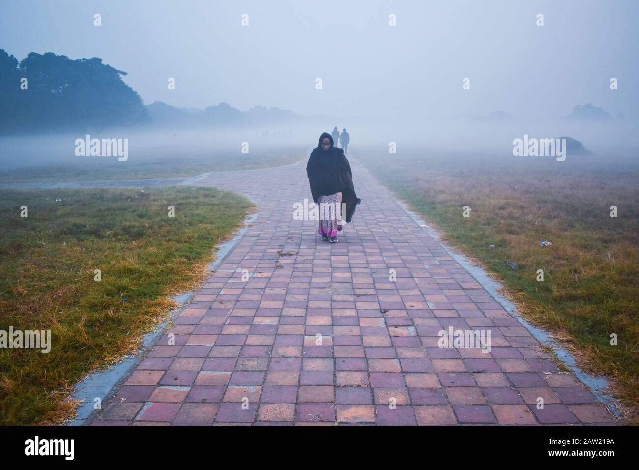 A woman is walking in a winter morning on Maidan ground in Kolkata, India. Stock Photo