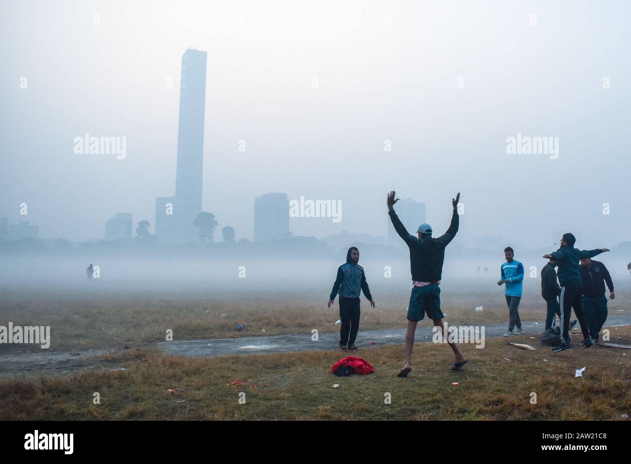 Peoples are playing football and doing exercises on a morning in Kolkata, India. Stock Photo