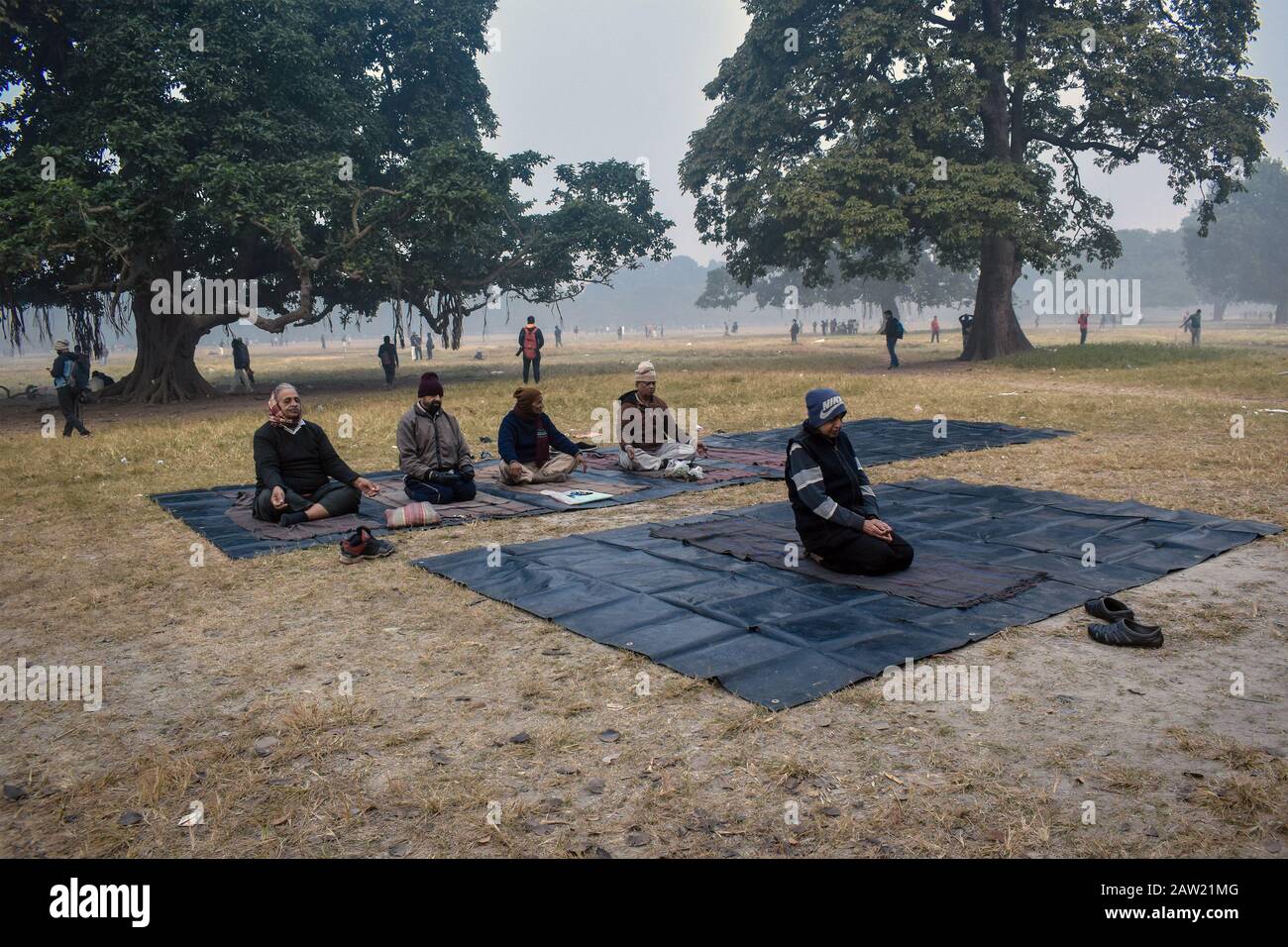 Peoples are doing Yoga on an early winter morning in Kolkata, India. Stock Photo