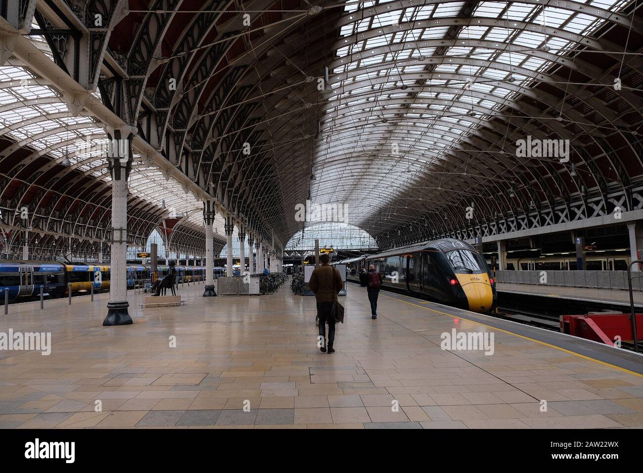 Passengers preparing to board Great Western Railways train at Paddington Station London Stock Photo