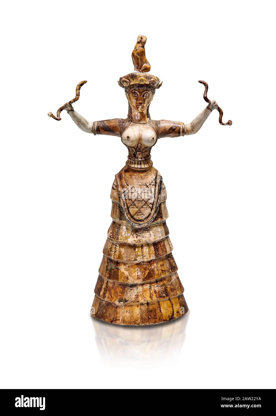 Minoan Snake Goddess statue arms raised holding 2 snakes from the  Knossos-Temple Repositories 1650-1550 BC, Heraklion Archaeological  Museum.  The sn Stock Photo