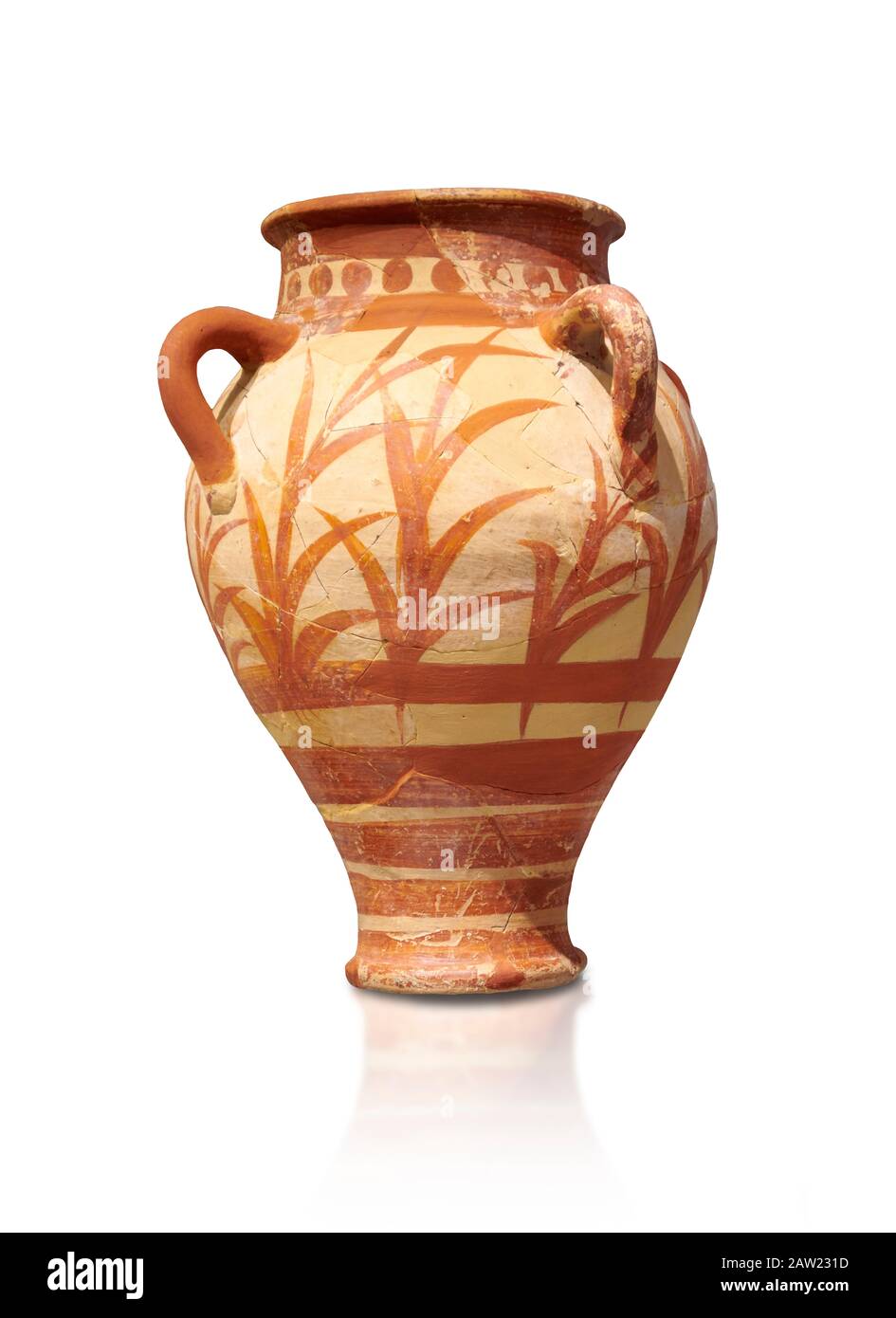 Minoan clay pot decorted with a floral design , Knossos Palace 1500-1450 BC BC, Heraklion Archaeological  Museum. Stock Photo