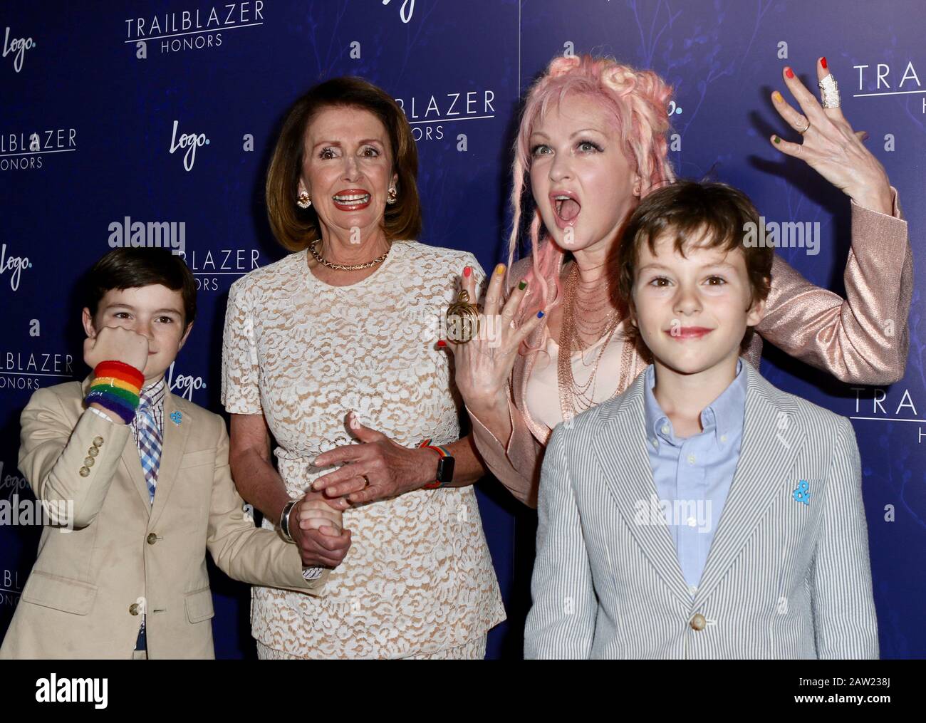 NEW YORK, NY - JUNE 22: Cyndi Lauper, Thomas Vos, Nancy Pelosi, Paul Vos attends Logo's 2017 Trailblazer Honors Awards show at Cathedral of St. John the Divine on June 22, 2017 in New York City.    People:  Cyndi Lauper, Thomas Vos, Nancy Pelosi, Paul Vos Stock Photo