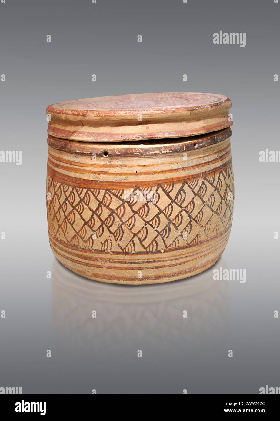 Minoan Cretan decorated pot with lid , Knossos-Venizeleio 1300-1200 BC, Heraklion Archaeological Museum, grey background Stock Photo