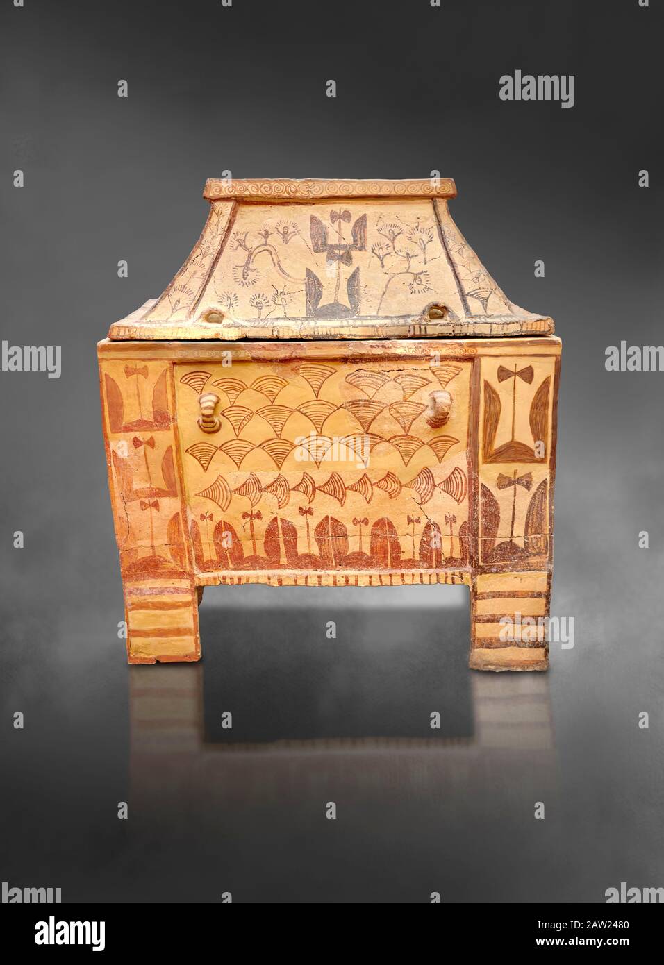 Minoan pottery gabled larnax coffin chest with double axe and papyrus
