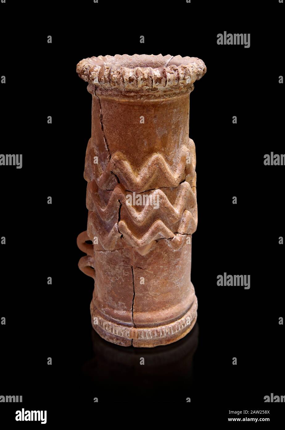 Minoan cylindrical cult vessel base used to support vessels full of offerings ,  1300-1100 BC,  Heraklion Archaeological  Museum , black background. Stock Photo