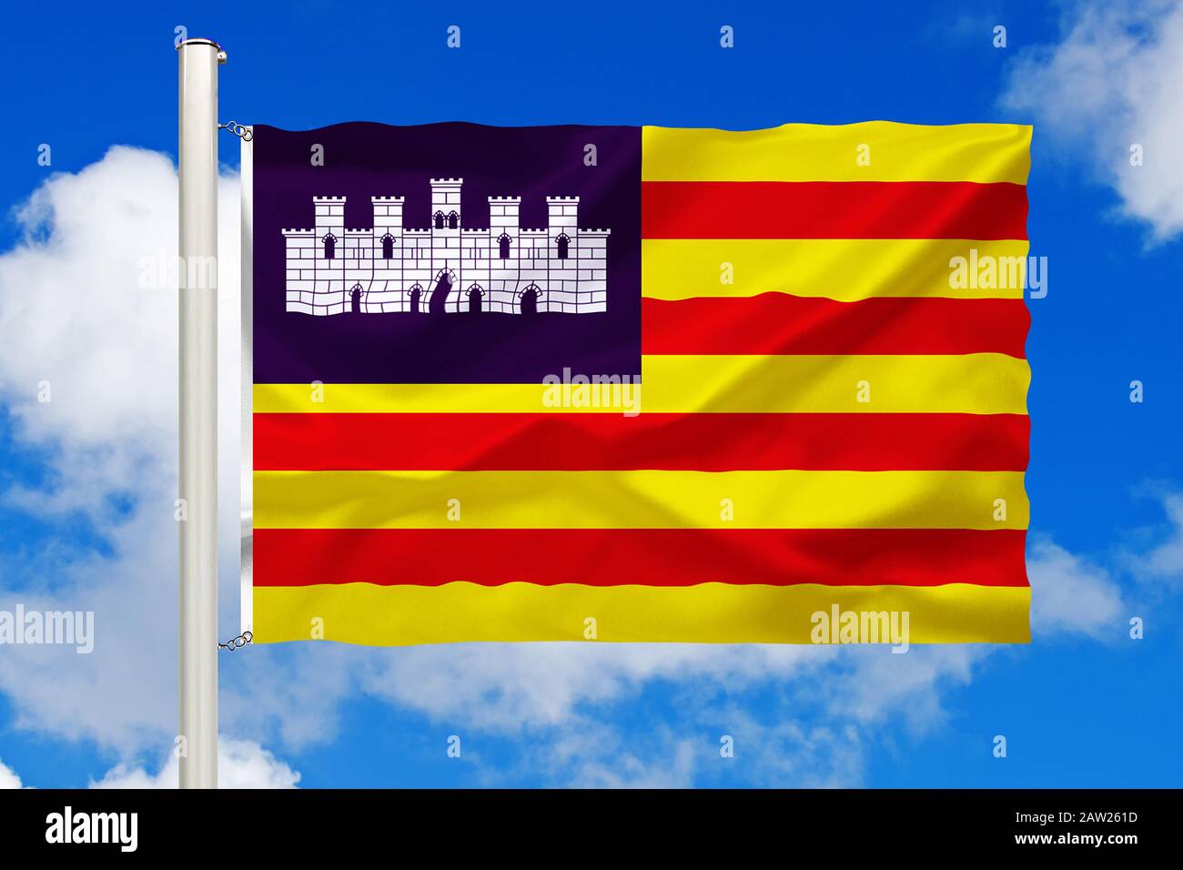 flag of Balearic islands in front of blue cloudy sky, Spain, Balearic ...