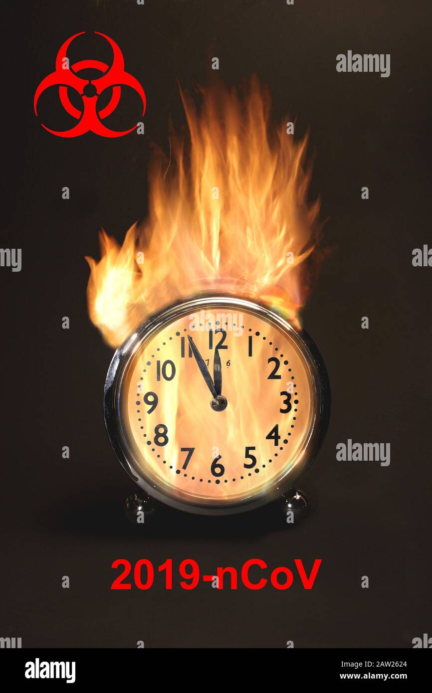 burning clock displaying 5 before 12, coronavirus, 2019nCoV Stock