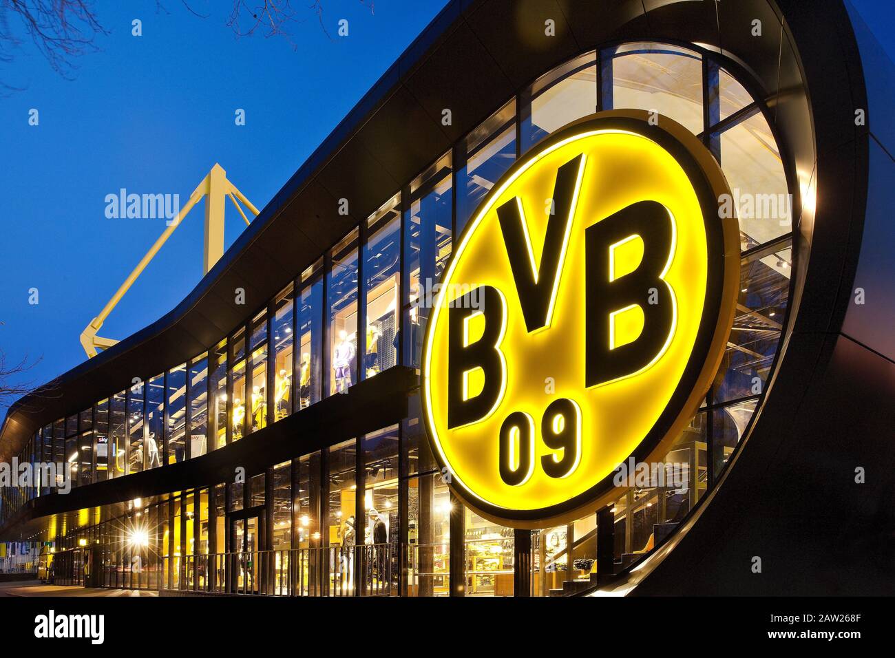 Borussia Dortmund fan shop and football stadium Signal Iduna Park in background, Germany, North Rhine-Westphalia, Ruhr Area, Dortmund Stock Photo