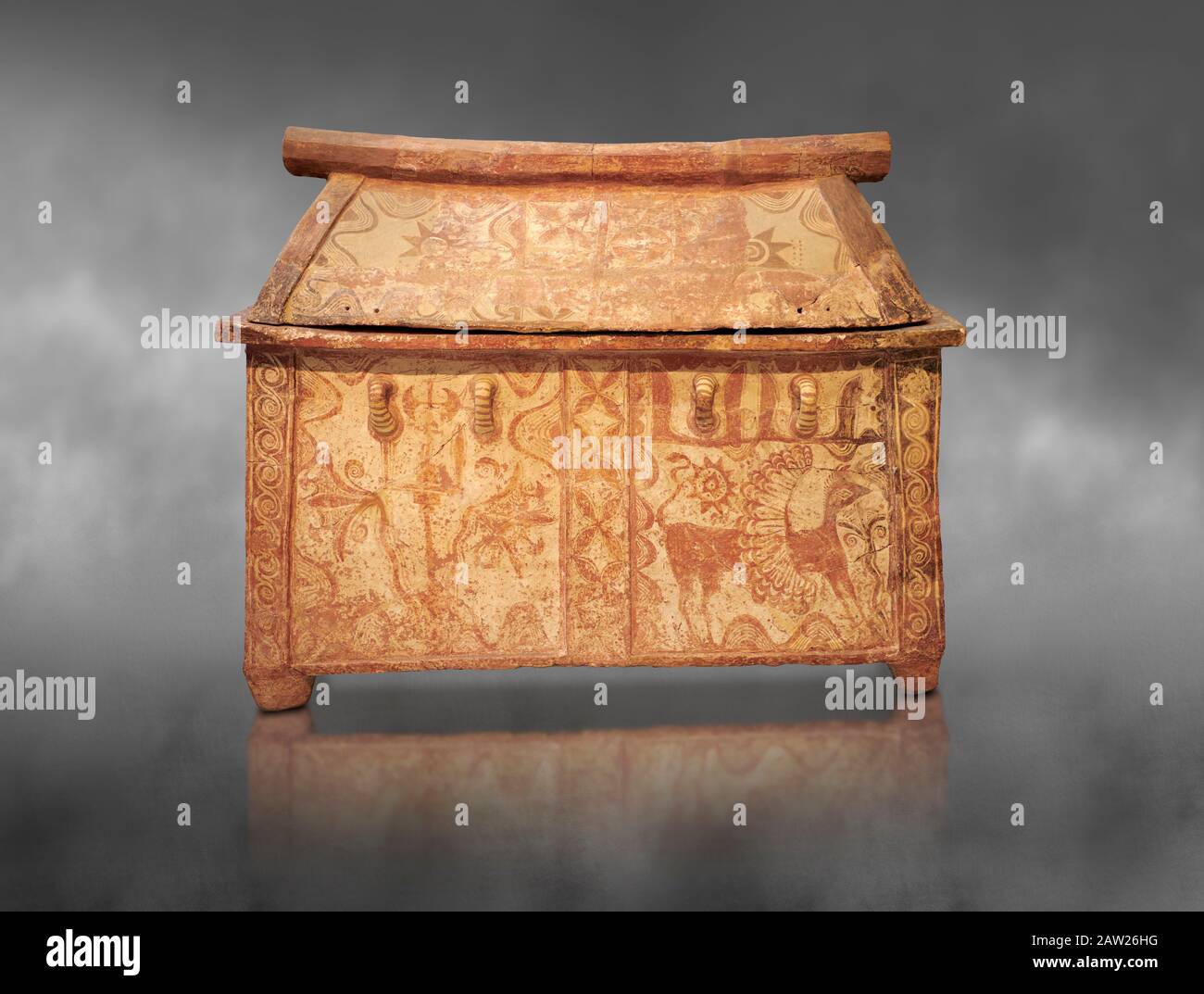 Minoan pottery coffin chest with gabled lid and winged griffin