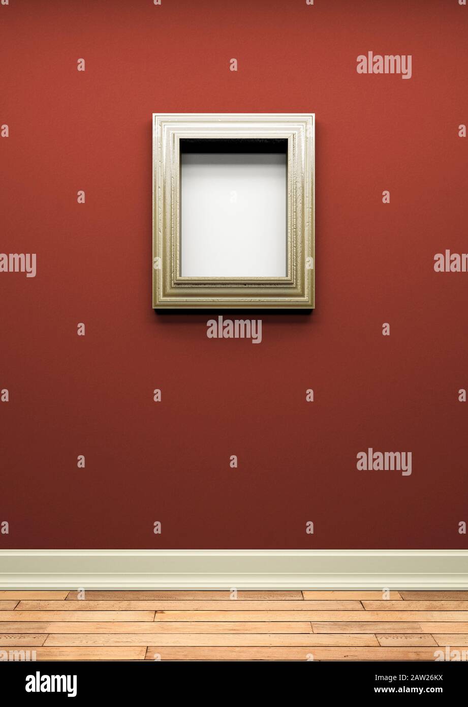 Thick blank metal picture frame on a red wall Stock Photo