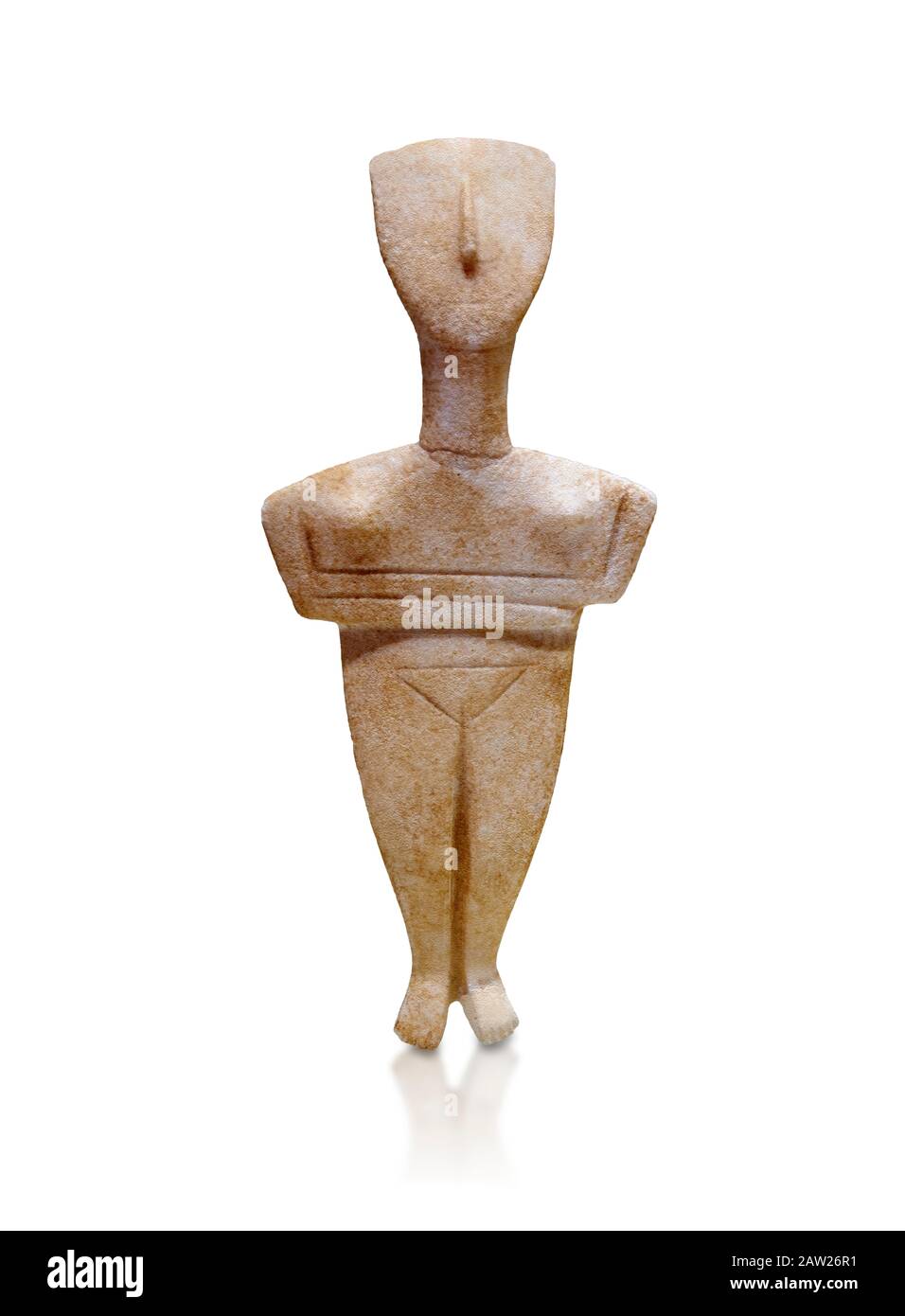Cyclades spedos type stone statue figurine with folded arms, Archanes Phourni, 2300-1700 BC. Heraklion Archaeological Museum, white background.  These Stock Photo