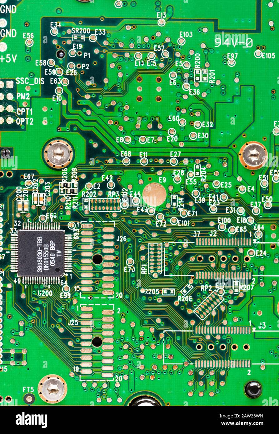 Technology, printed circuit board, (PCB) and computer chips Stock Photo