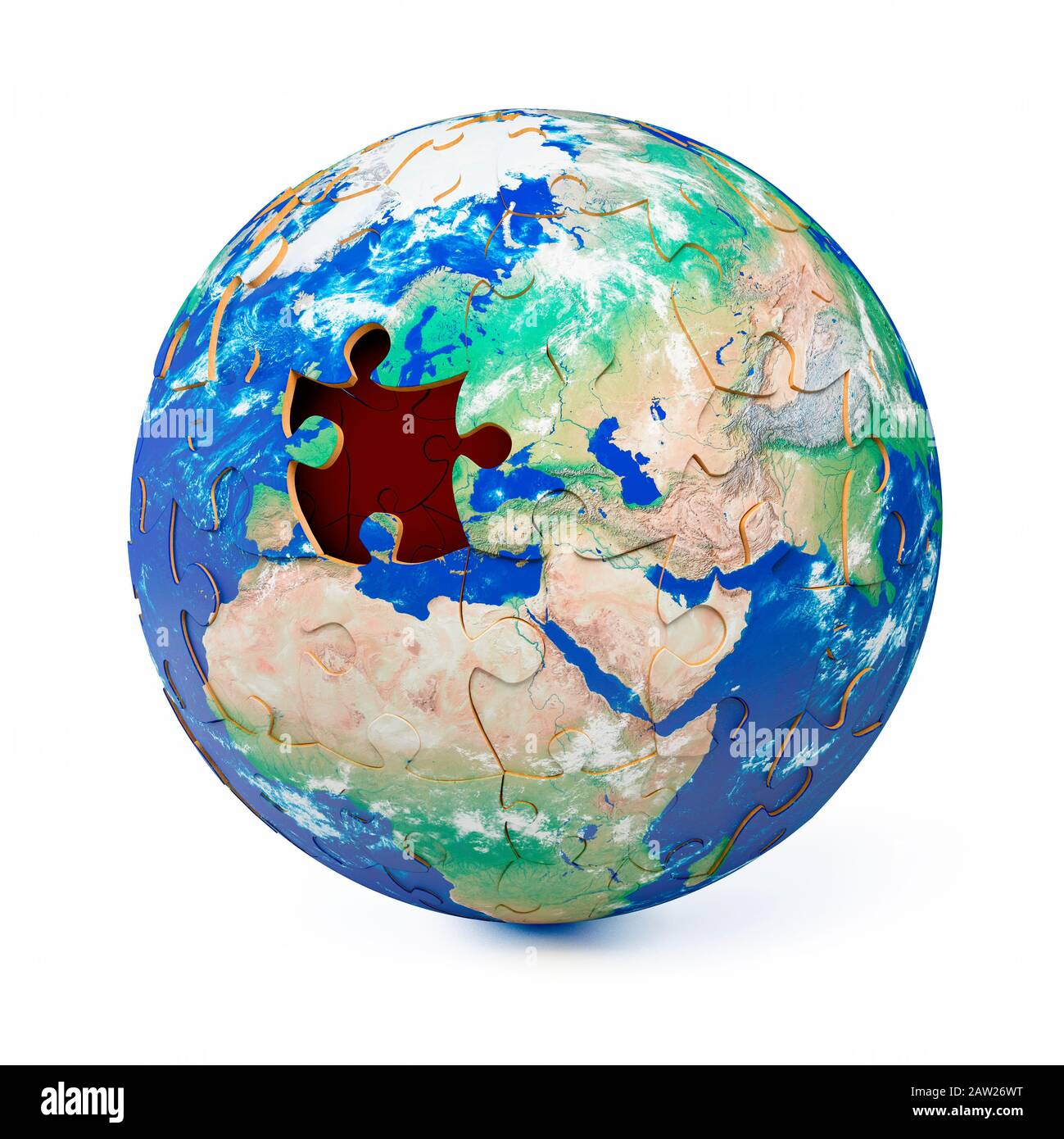 Globe jigsaw puzzle showing a piece missing over the continent of Europe on planet earth Stock Photo