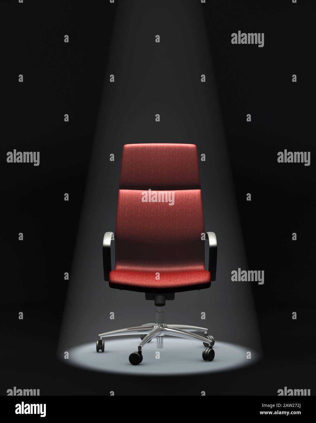 In the spotlight - Empty red executive leather office chair in the spotlight, pressure, work, interview, success concept Stock Photo