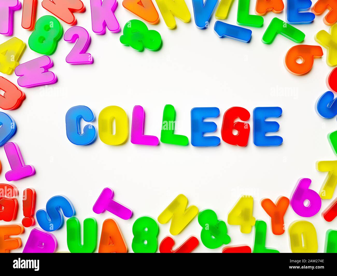 Plastic multi coloured fridge magnet alphabet spelling College Stock Photo