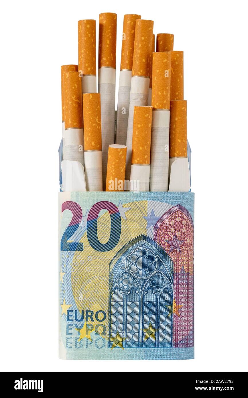 Package of cigarette wrapped in a 20 Euro banknote. Smoking is expensive  Stock Photo