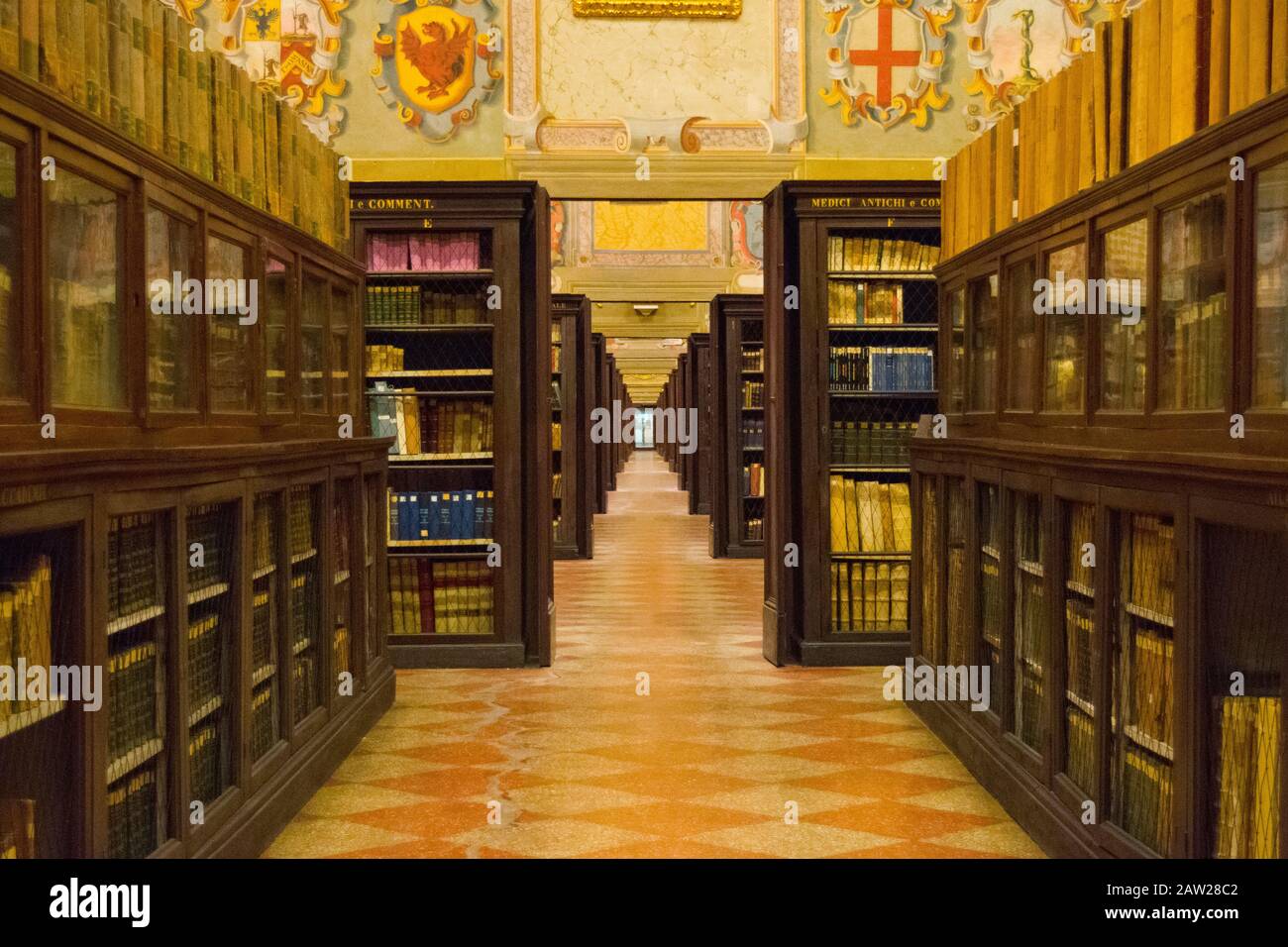 Old, ancient library with shelves full of books and endless corridors, arranged in a specified order according to the library classification system. Stock Photo