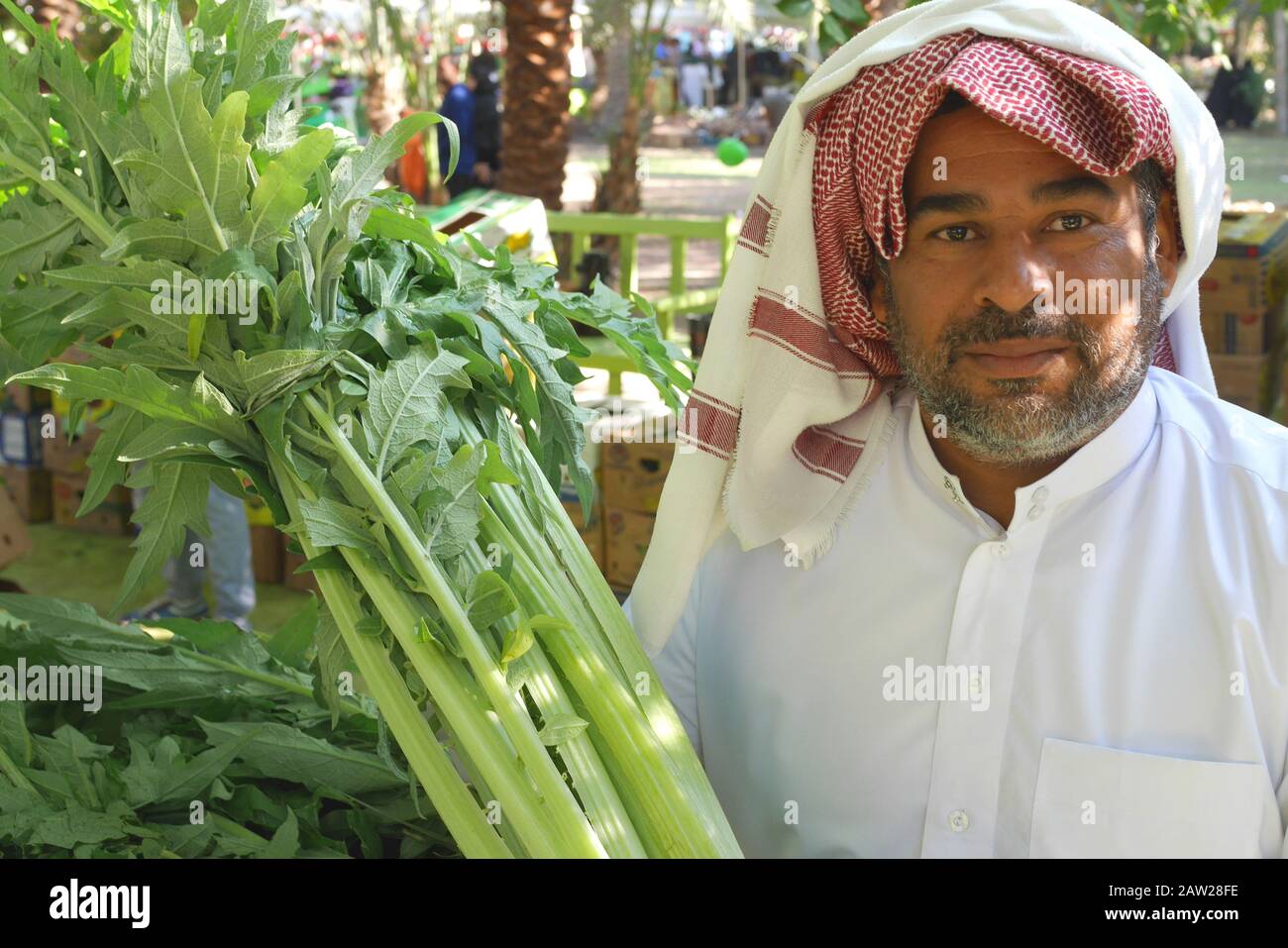 Bahraini stallholder selling cardoon, artichoke thistle, farmers market, Budaiya, Kingdom of Bahrain Stock Photo