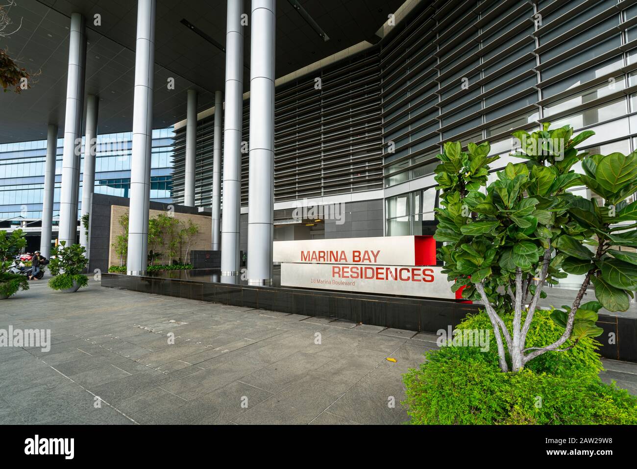 Singapore. January 2020.   The entrance of  Marina Bay Residences modern buildings Stock Photo