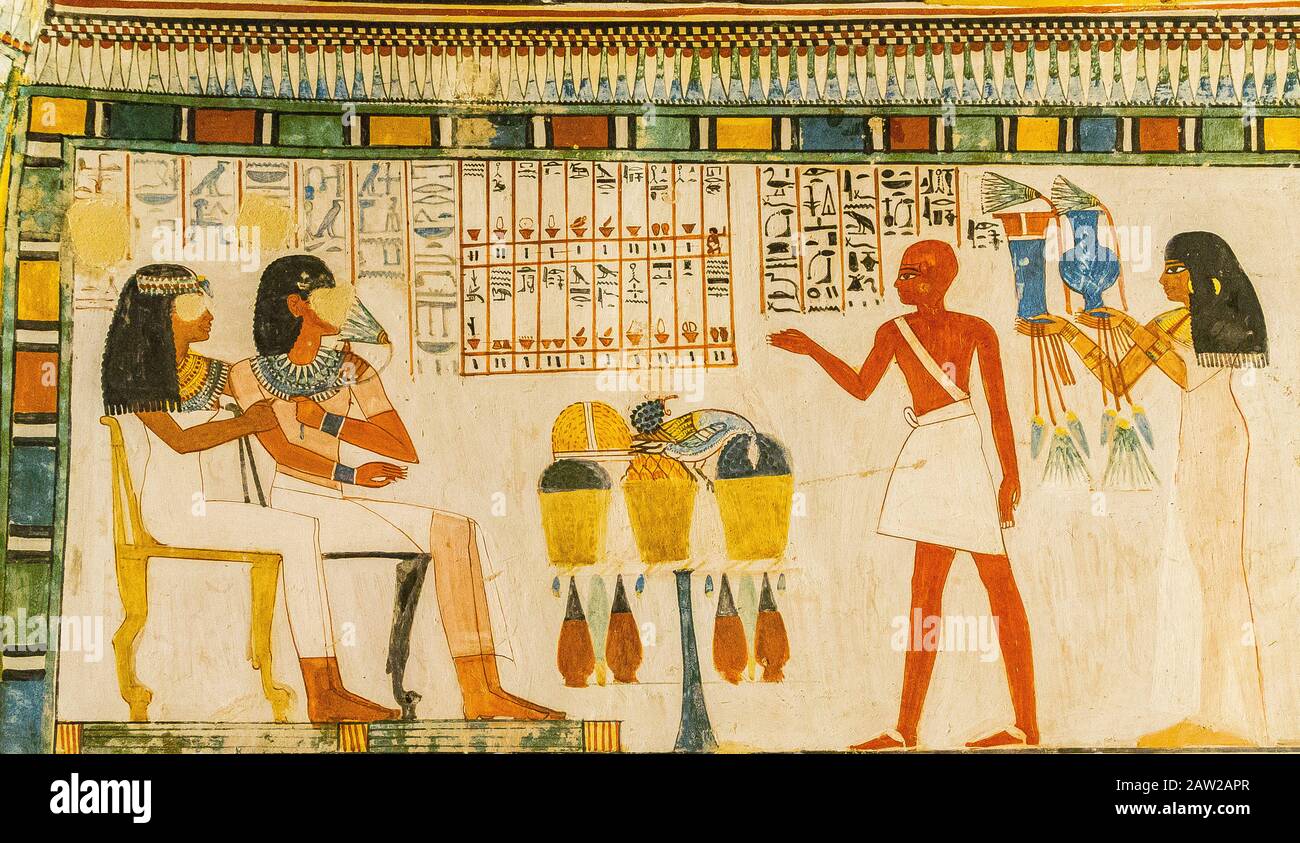 UNESCO World Heritage, Thebes in Egypt, Valley of the Nobles, tomb of Menna. Offerings to the defuncts. Stock Photo