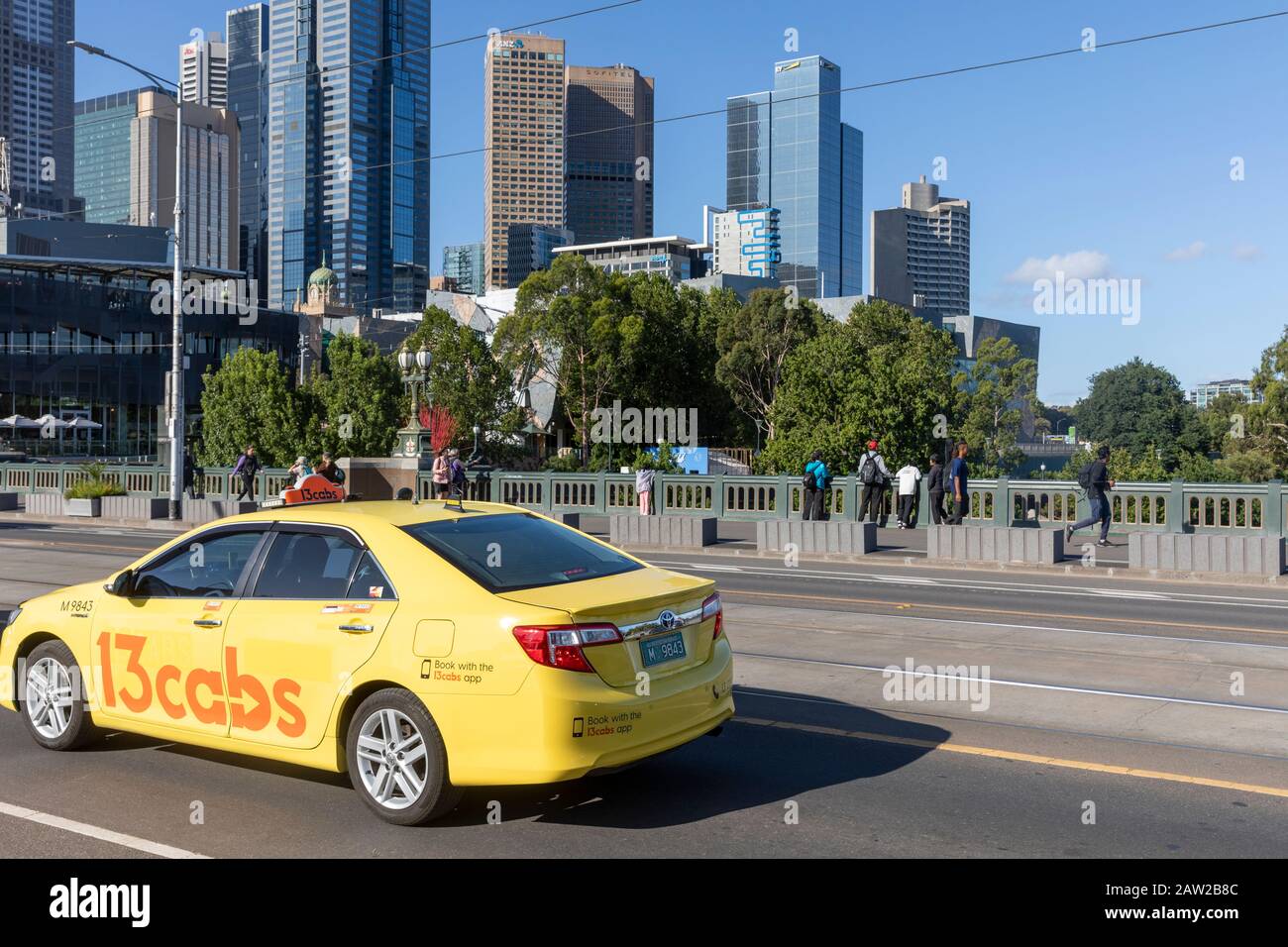 Melbourne taxi crossing Princes bridge in Melbourne city centre,Victoria,Australia Stock Photo
