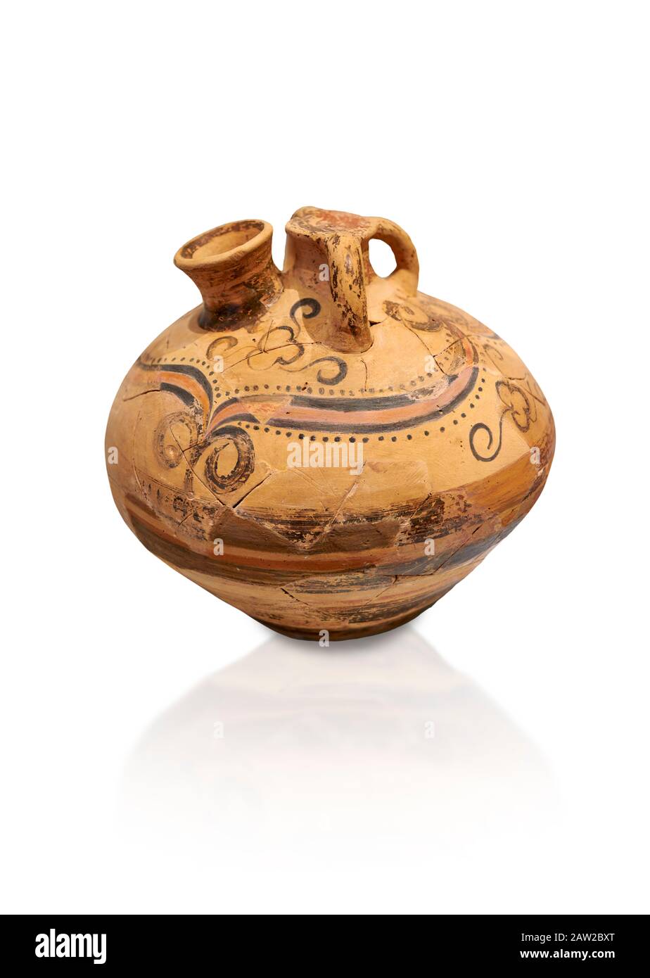 Minoan decorated stirrup jar, Malia Palace 1600-1450 BC; Heraklion Archaeological  Museum, white background. Stock Photo