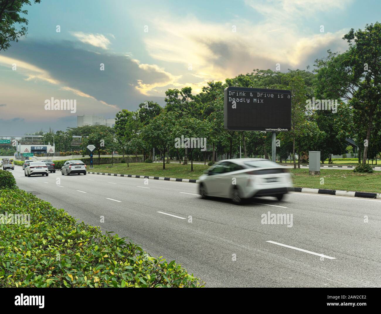 Singapore. January 2020.   an electronic traffic sign against driving with alcohol intake on a city center street Stock Photo