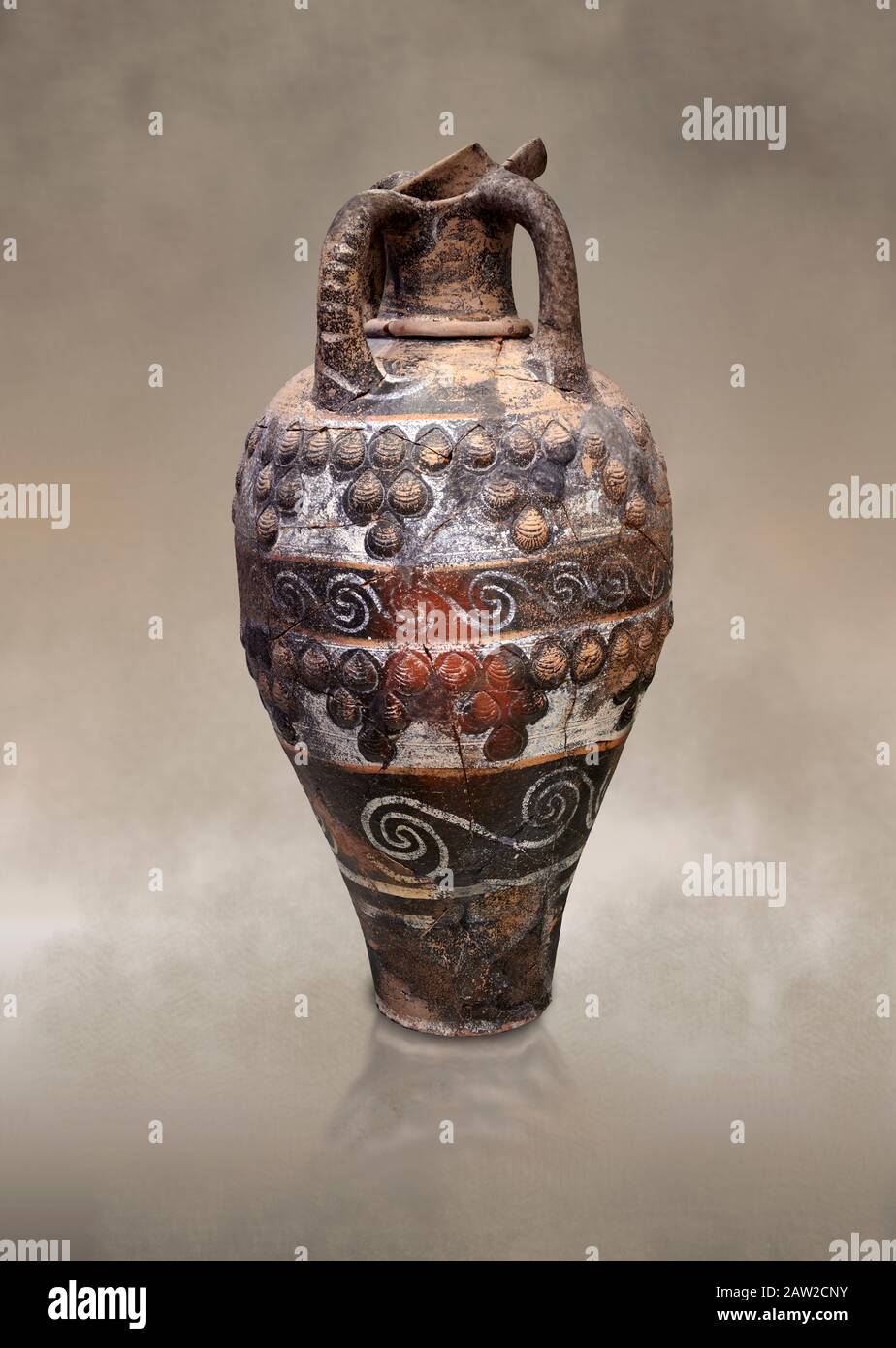 Minoan Kamares Ware ewer jug with applique seashell decorations , Phaistos 1800-1700 BC; Heraklion Archaeological  Museum.  This style of pottery is n Stock Photo