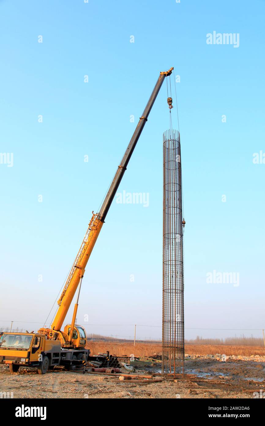 Bridge construction under performing the steel reinforcement of piling work Stock Photo Alamy